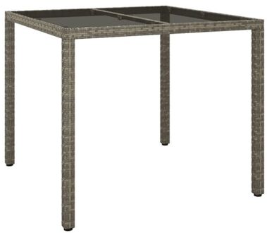 Tuintafel 90x90x75 cm gehard glas en poly rattan grijs