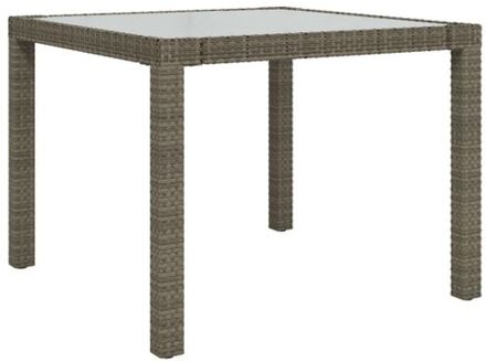 Tuintafel 90x90x75 cm gehard glas en poly rattan grijs