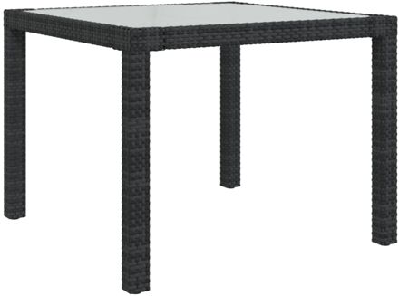 Tuintafel 90x90x75 cm gehard glas en poly rattan zwart