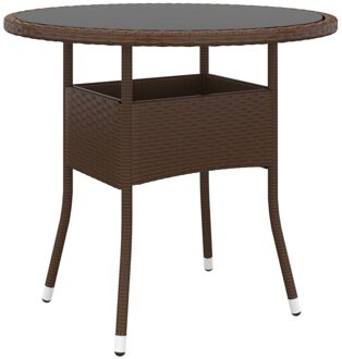 Tuintafel Ø80x75 cm gehard glas en poly rattan bruin