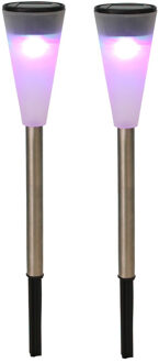 Tuinverlichting prikspot - 2x - LED - gekleurd - RVS - 36 cm - solarlamp