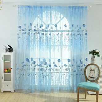 Tule Gordijnen Voor Woonkamer Slaapkamer Keuken Bloemen Gedrukt Sheer Jacquard Pastorale Luxe Gordijn Decoratie Blauw