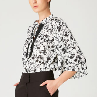 Tulpen mouwen blouse met monochrome bloemenprint en contrasterende halslijn Wit - XS