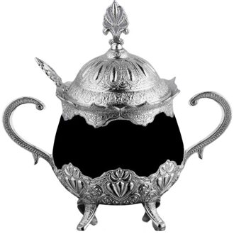Turkse Delight En Suikerpot Zwart Porselein En Zamak Ronde Turkse Decoratieve Authentieke Middeleeuwse Stijl Bruiloft Thuis zilver