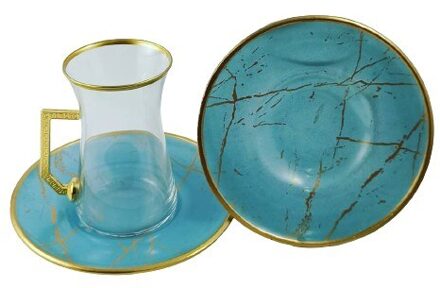 Turkse Thee Cup Gold Gilt Turquoise Patroon 12 Stuk Thee Set Turks Russisch Arabisch Engels Thee Sets Authentieke Thee Team