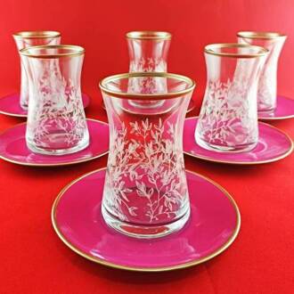 Turkse Thee Cup Pasabahce Sarmaşık Gedessineerde Gold Fuchsia Schotel 12 Stuk Thee Set Turks Arabisch Russisch Britse Thee Sets Kleur set