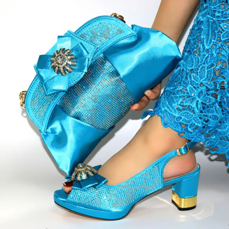 Turquoise blue italian shoes and bag matching set with size 38 to 43 low heel sandal shoes and clutches bag set 2020 SB2033-3