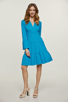 Turquoise jersey jurk met ruches - S