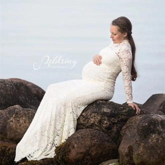Turtleneck Lace Baby Shower Dress For Women Pregnant Woman Robe Longue Maternité Shooting Photo