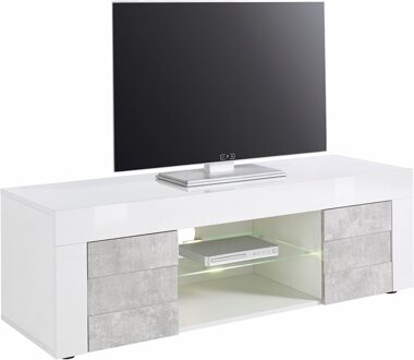Tv-meubel Easy 138 cm breed in hoogglans wit met grijs beton Wit,Hoogglans wit