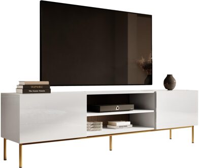 Tv-meubel Slide 200 cm breed hoogglans wit met goude poten Wit,Goud,Hoogglans wit