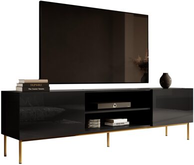 Tv-meubel Slide 200 cm breed hoogglans zwart met goude poten Zwart,Goud,Hoogglans zwart
