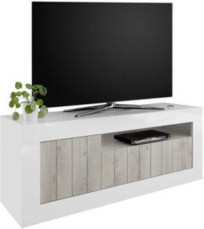 Tv-meubel Urbino 138 cm breed in hoogglans wit met grenen wit Wit,Hoogglans wit