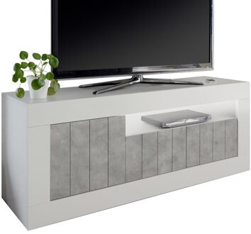 Tv-meubel Urbino 138 cm breed in hoogglans wit met grijs beton Wit,Hoogglans wit