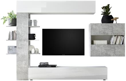 Tv-wandmeubel Morgan 295 cm breed in hoogglans wit met grijs beton Wit,Hoogglans wit