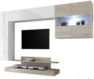 Tv-wandmeubel Ramon 248 cm breed in hoogglans wit met eiken Wit,Hoogglans wit