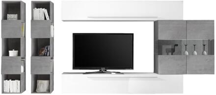 TV-wandmeubel set Feder in hoogglans wit met grijs beton Wit,Hoogglans wit