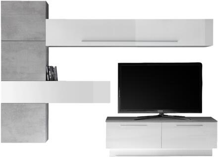 TV-wandmeubel set Maitre in hoogglans wit met grijs beton Wit,Hoogglans wit
