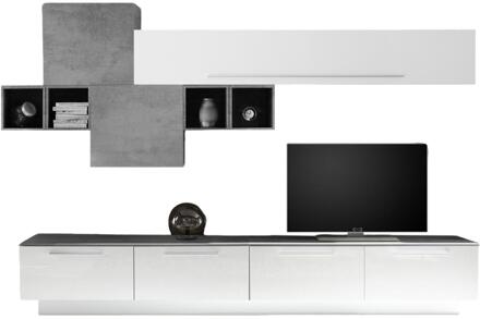 TV-wandmeubel set Matiz in hoogglans wit met grijs beton Wit,Hoogglans wit