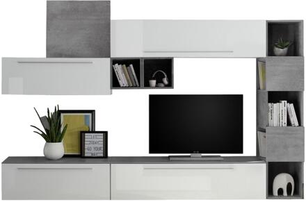 TV-wandmeubel set Vegeta in hoogglans wit met grijs beton Wit,Hoogglans wit