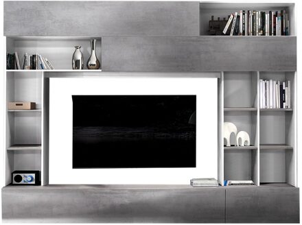 Tv-wandmeubel Tiko 277 cm breed in wit met grijs beton Grijs,Wit,Grijs beton