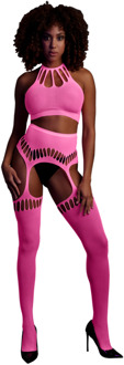 Twee Delige Set met Crop Top en Kousen - One Size - Neon Roze