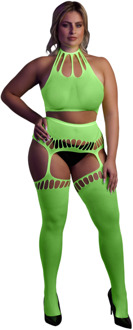 Twee Delige Set met Crop Top en Kousen - Plus Size - Neon Groen