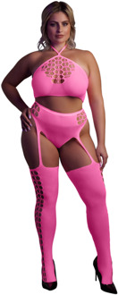 Twee Delige Set met Crop Top en Kousen - Plus Size - Neon Roze