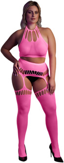 Twee-delige set met crop top en kousen - Plus Size - Neon Roze