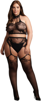 Twee Delige Set met Halter Turtleneck en Pantie met Aangehechte Kousen - OSX - Zwart