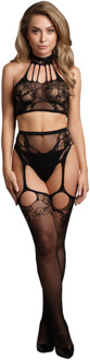 Twee-delige set met halter-turtleneck en panty met aangehechte kousen - OS - Zwart