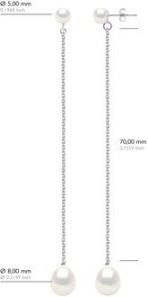 Twee Oorbellen Wit Goud - Echte Cultiveerde Zoetwaterperlen Knop 5-6 mm + Parel 8-9 mm Zilver - One Size