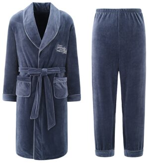 Twee Stukken Flanellen Nachtjapon Voor Mannen Herfst Winter Thicken Warm Nachtkleding Losse Volledige Mouw Gewaad En Lange Broek Badjas set