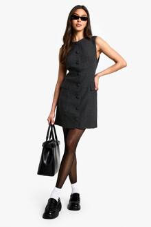 Tweed Button Down Shift Jurk, Charcoal - 44