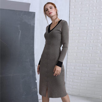 Tweekleurige v-hals jurk Bruin