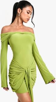 Twist Detail Off Shoulder Flare Lange Mouw Mini-Jurk, Green - 44