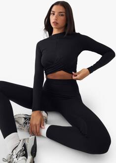 Twist Front Crop Top Met Lange Mouwen, Black