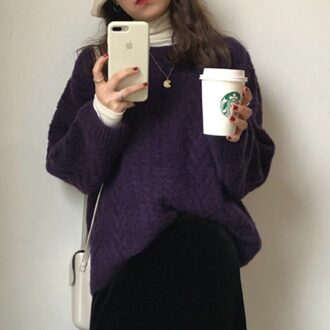 Twisted Gebreide Trui Vrouwen O-hals Met Lange Mouwen Losse Casual Jumpers Herfst Winter Vintage Truien Chic Streetwear X557 paars