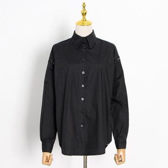 Twotwinstyle Casual Streetwear Blouse Voor Vrouwen Revers Lange Mouwen Hollow Out Wit Overhemd Vrouwelijke Mode Kleding Stijl zwart / L