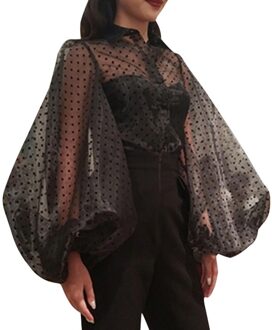 TWOTWINSTYLE Dot Overhemd Vrouwelijke Revers Kraag Lantaarn Mouw Plus Size Vintage Blouse Voor Vrouwen Lente Zomer Tops zwart Shirt / XL