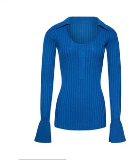 Twotwinstyle Gestreepte Zwart Knitwear Voor Vrouwen O Nek Flare Mouw Minimalistische Tuniek Truien Vrouwelijke Herfst Mode Kleding blauw / S