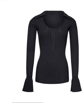 Twotwinstyle Gestreepte Zwart Knitwear Voor Vrouwen O Nek Flare Mouw Minimalistische Tuniek Truien Vrouwelijke Herfst Mode Kleding zwart / M