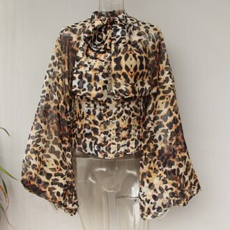 TWOTWINSTYLE Perspectief Shirts Blouse Vrouwen Lantaarn Mouwen Strik Lace Up Blouse Tops Vrouwelijke Elegante Mode Kleding luipaard / S