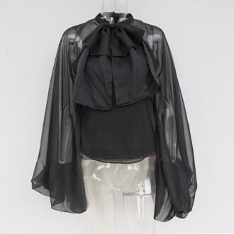 TWOTWINSTYLE Perspectief Shirts Blouse Vrouwen Lantaarn Mouwen Strik Lace Up Blouse Tops Vrouwelijke Elegante Mode Kleding zwart / S