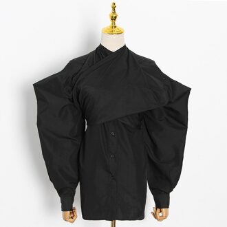 TWOTWINSTYLE Print Floral Shirt For Women Puff Long Sleeve Casual Tunic Blouse Female Clothing Style zwart / L