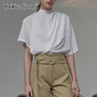 Twotwinstyle Zomer Solid Shirt Voor Vrouwen Stand Kraag Asymmetrische Mouwen Ruches Casual Blouse Vrouwelijke Mode Kleding