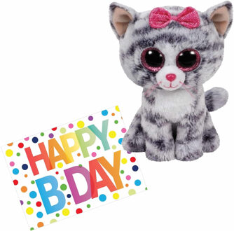 Ty Beanie Pluche knuffel kat/poes Ty Beanie Kiki 15 cm met A5-size Happy Birthday wenskaart - Knuffeldier Grijs