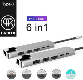 Type-C Om Rj45 Hdmi Pd Type C Charing Poort 6 In 1 Hub Gigabit Ethernet Lan 4K voor Mac Book Pro Thunderbolt 3 USB-C Charger