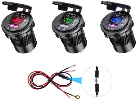 Type C Pd QC3.0 Usb 12V Auto Snelle Auto-oplader Met Led Voltmeter Op Off Schakelaar Voor Truck Motorfietsen marines Utv Blauw