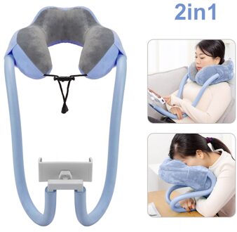 U-Vormige Hals Kussen Met Zwanenhals Tablet Telefoon Houder Slaap Kussen Met Flexibele Telefoon Lezen Houder Voor Travel Office blauw